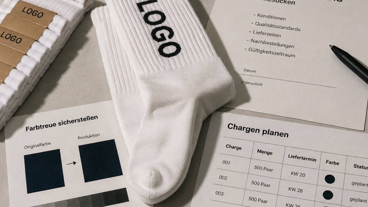 Firmensocken nachbestellen 2026: Rahmenvertrag, Farbtreue und Chargen planen