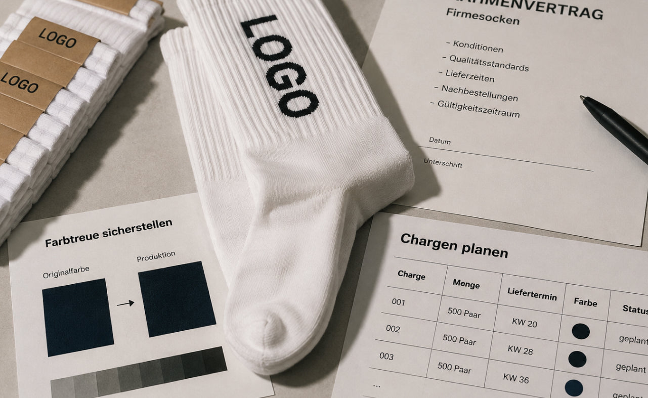 Firmensocken nachbestellen 2026: Rahmenvertrag, Farbtreue und Chargen planen